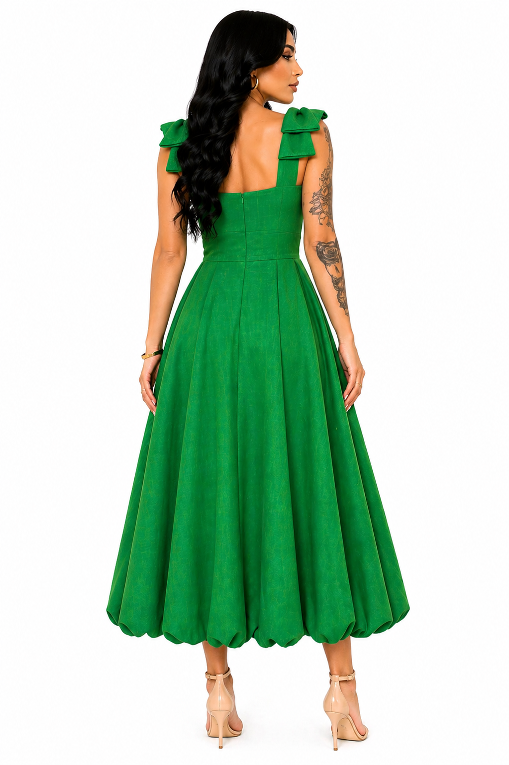 Vestido Midi Clássico Milena com Laços nos Ombros Verde