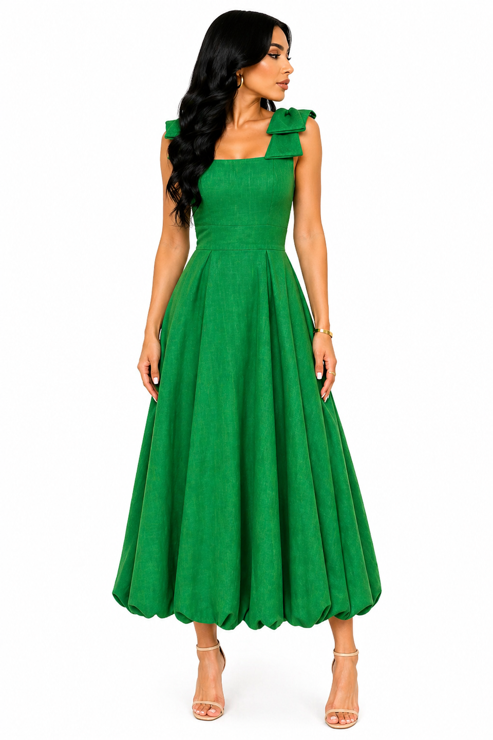 Vestido Midi Clássico Milena com Laços nos Ombros Verde