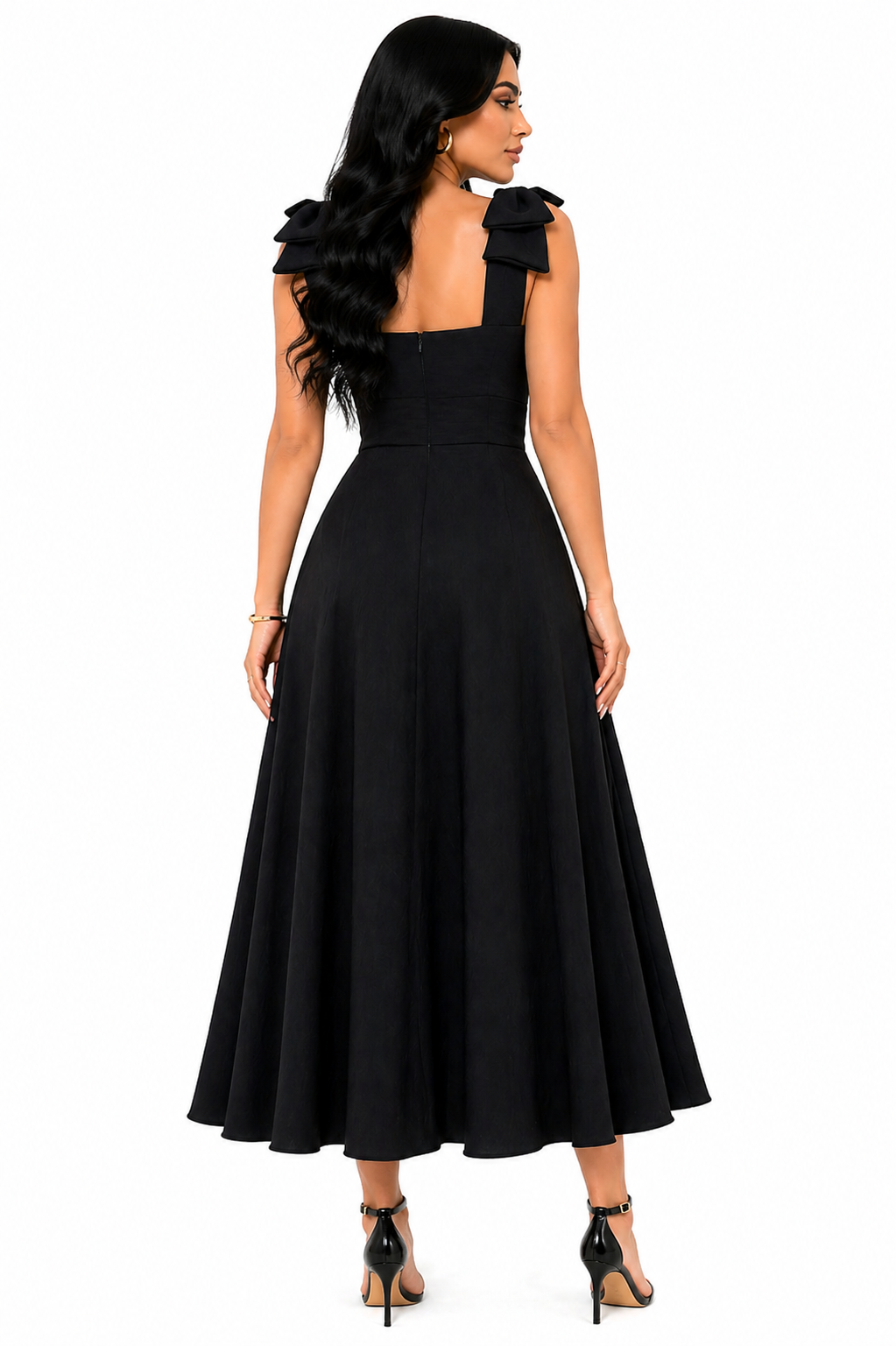 Vestido Midi Clássico Milena com Laços nos Ombros Preto