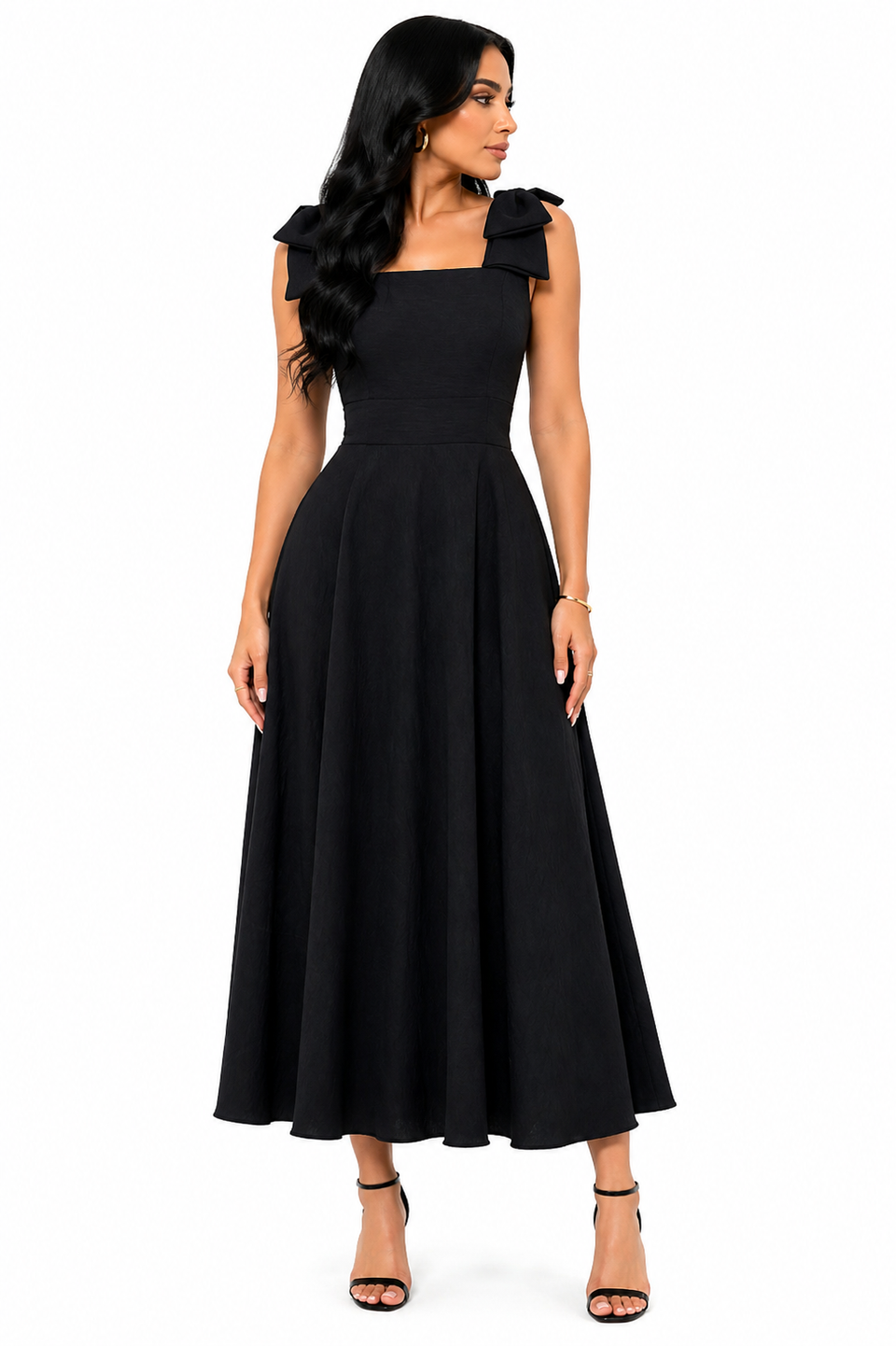 Vestido Midi Clássico Milena com Laços nos Ombros Preto