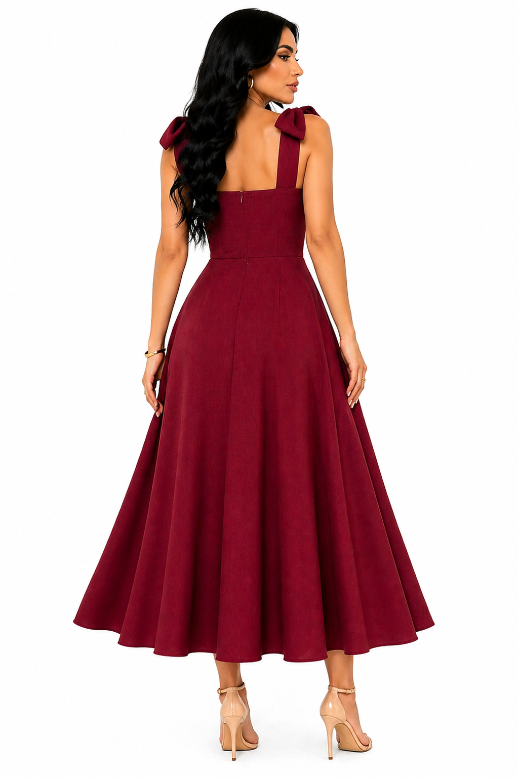 Vestido Midi Clássico Milena com Laços nos Ombros Vinho