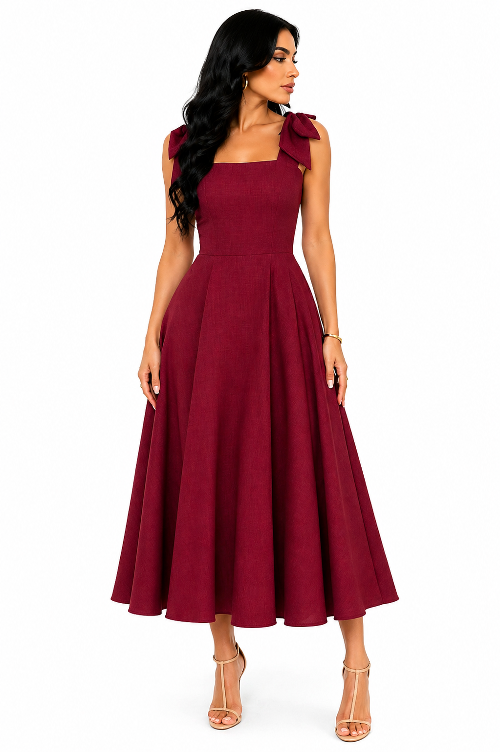 Vestido Midi Clássico Milena com Laços nos Ombros Vinho
