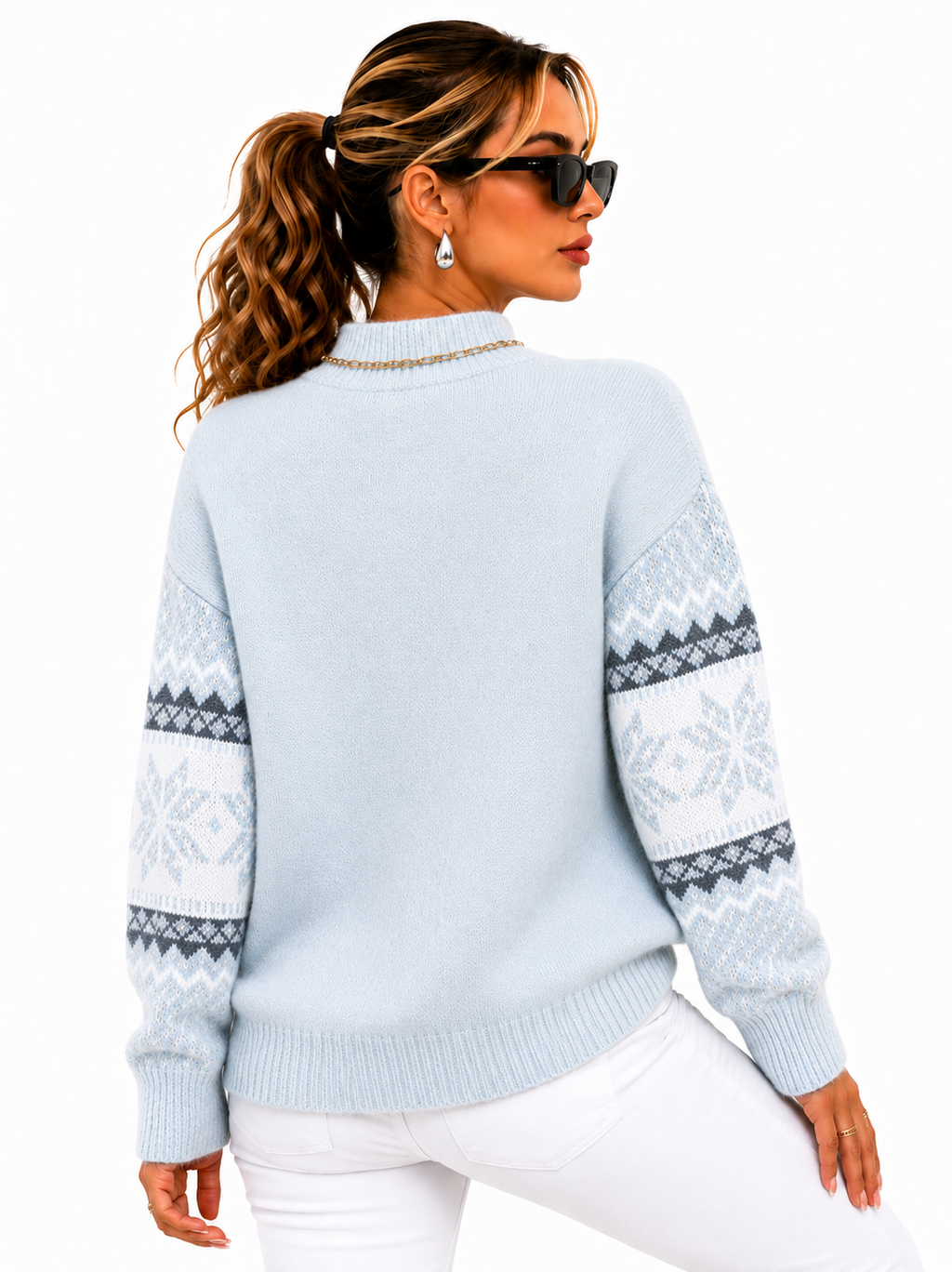 Suéter Feminino Tricô Nórdico Azul Glacial