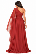 Vestido Gabi Elegância em Chiffon Ombro Único Laranja