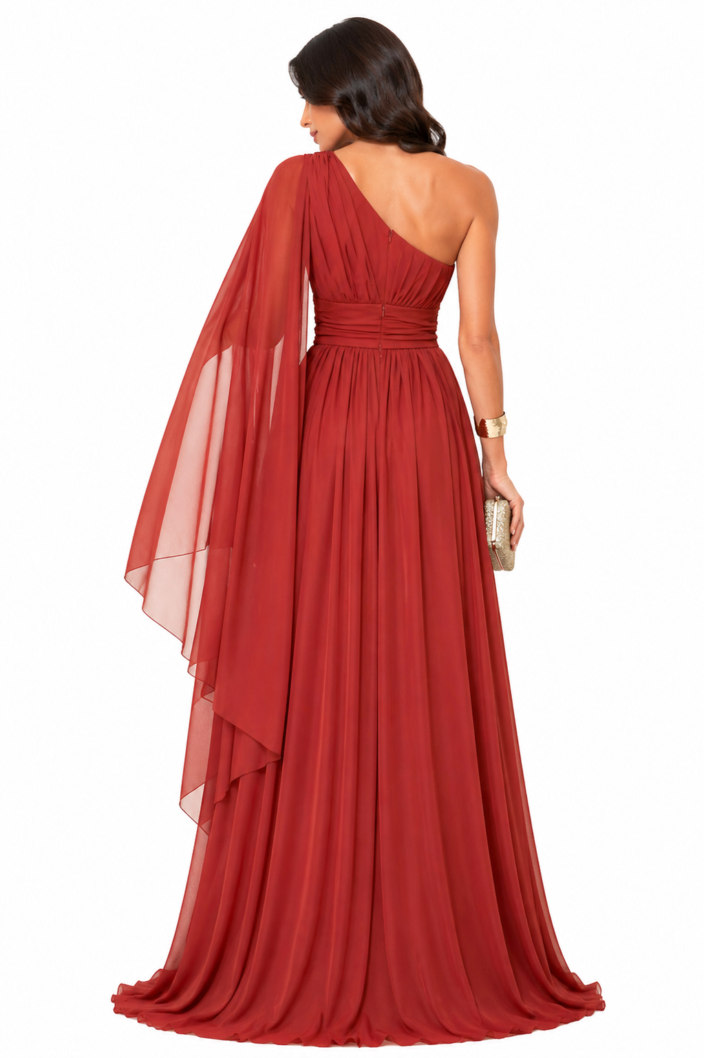 Vestido Gabi Elegância em Chiffon Ombro Único Laranja