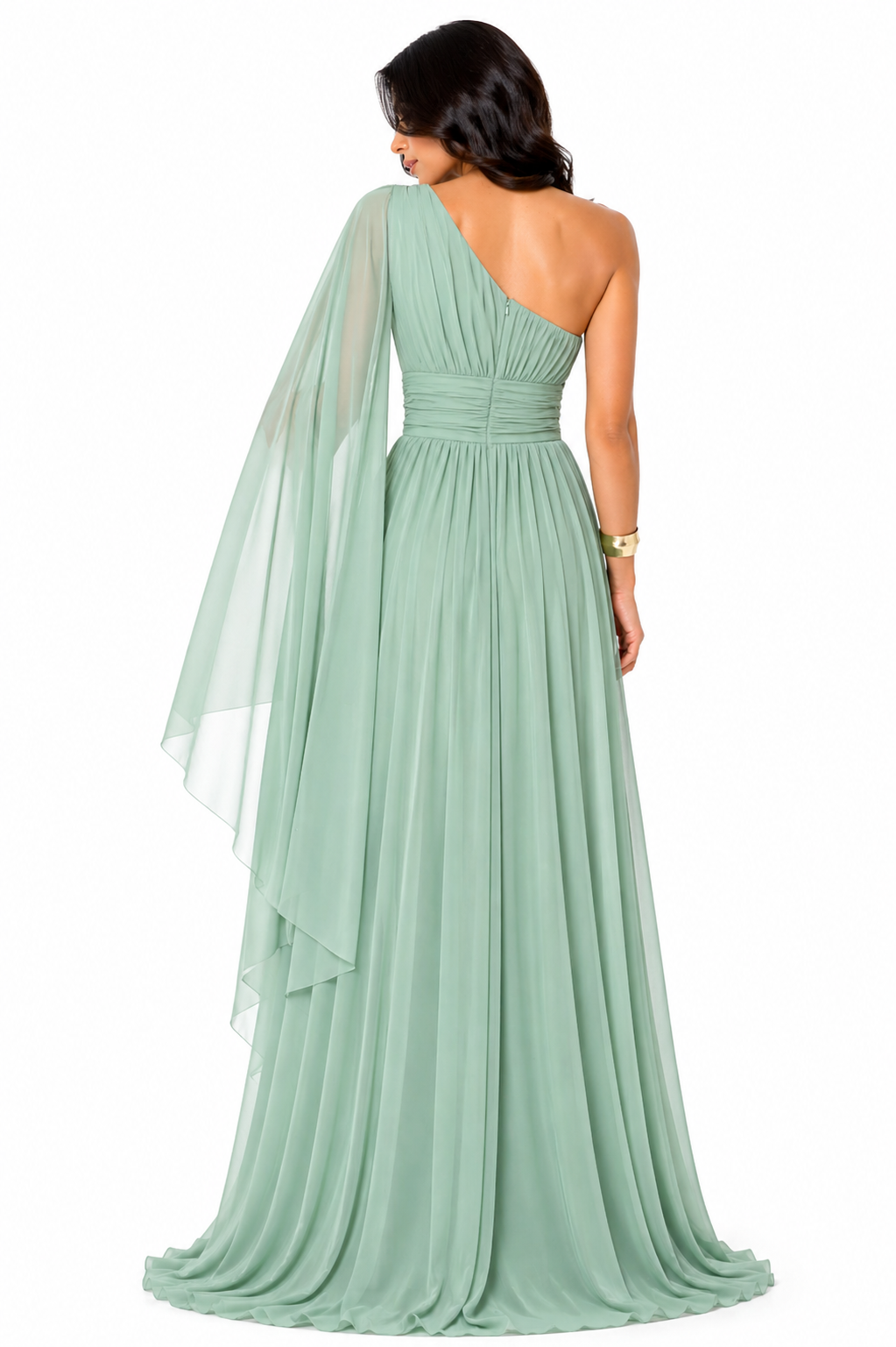 Vestido Gabi Elegância em Chiffon Ombro Único Verde