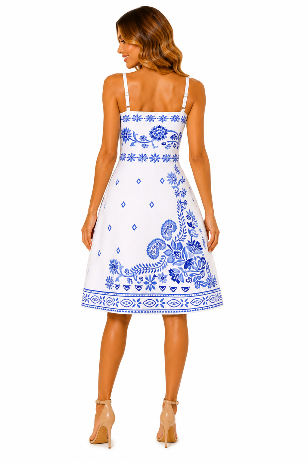 Vestido Casual Estilo Marcante com Estampa Exclusiva Branco e Azul