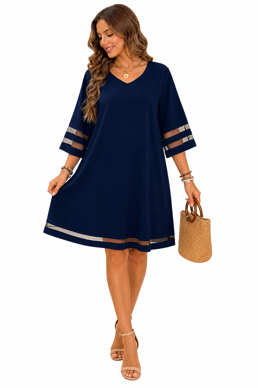 Vestido Casual com Detalhes Transparentes Azul