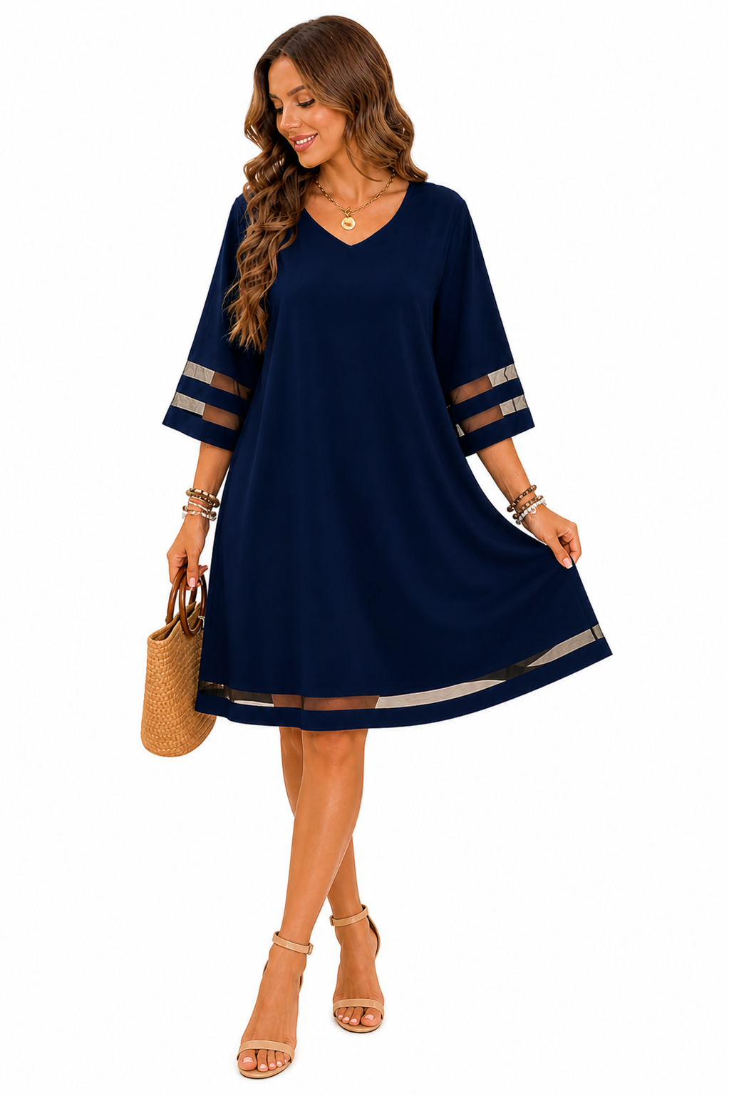 Vestido Casual com Detalhes Transparentes Azul