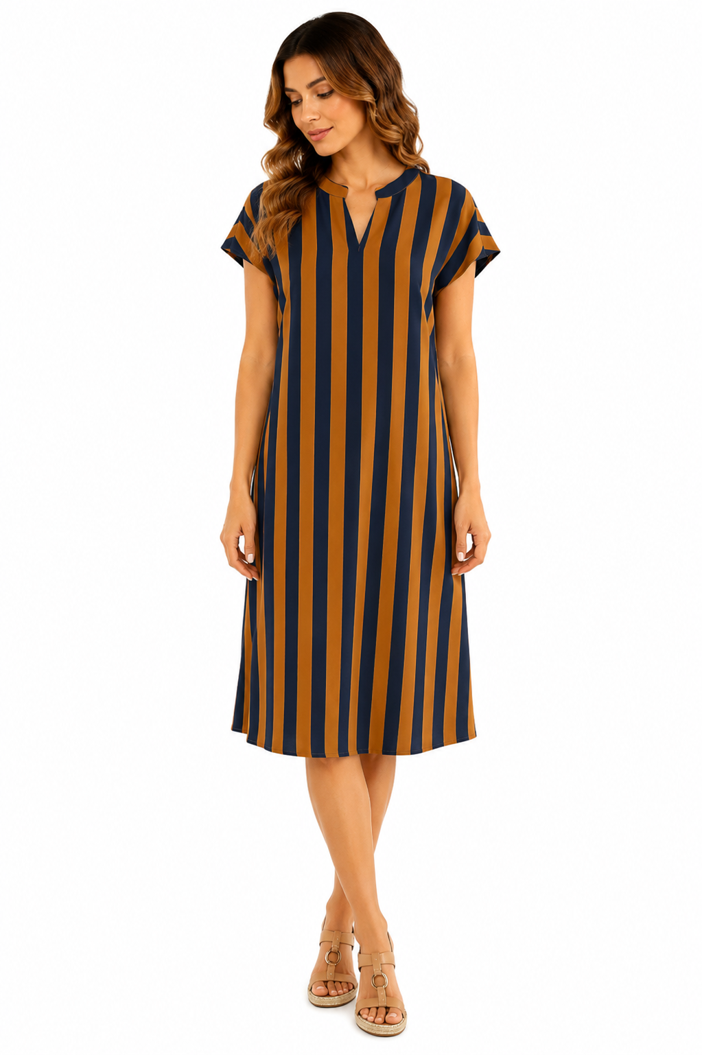 Vestido Midi Listrado Casual e Elegante Multicolorido
