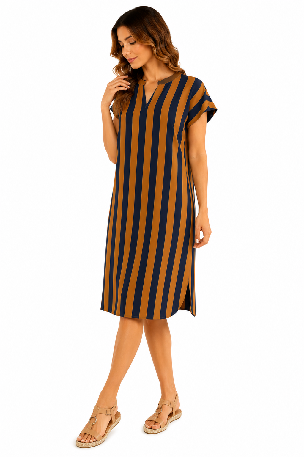 Vestido Midi Listrado Casual e Elegante Multicolorido