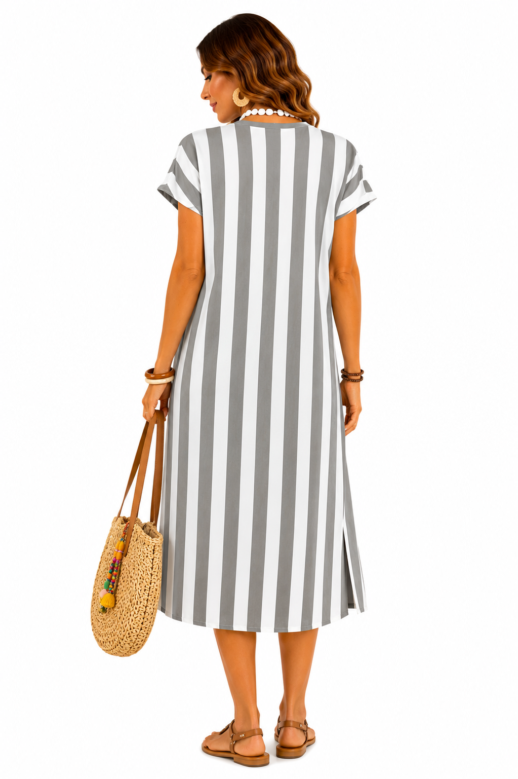 Vestido Midi Listrado Casual e Elegante Cinza