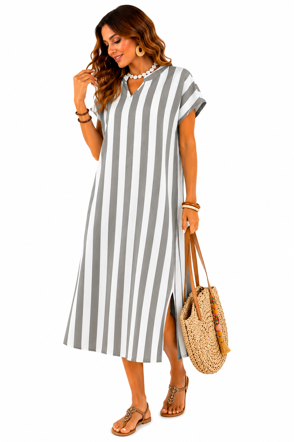 Vestido Midi Listrado Casual e Elegante Cinza