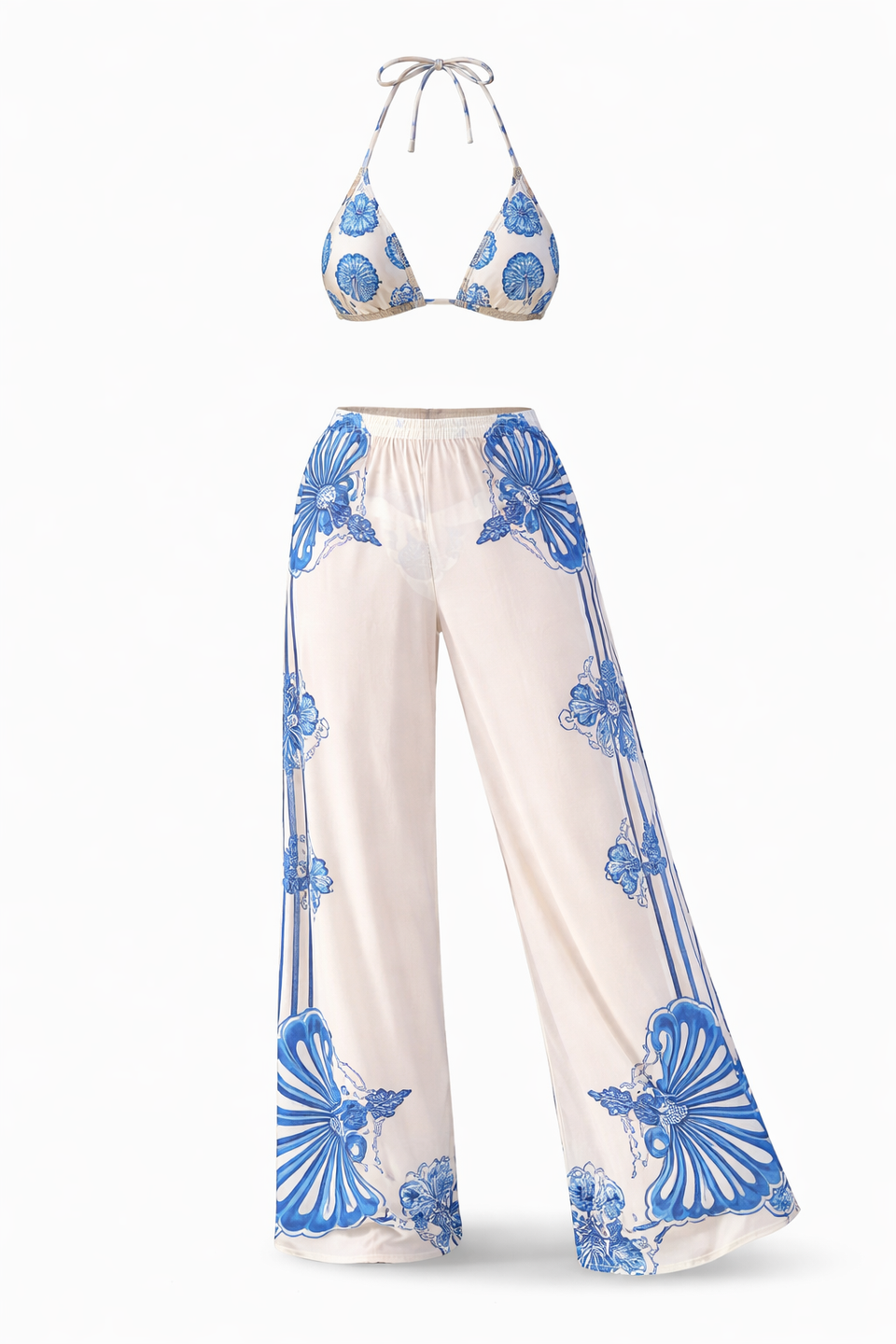 Conjunto 3 Peças Oceano – Elegância Tropical em Azul e Branco