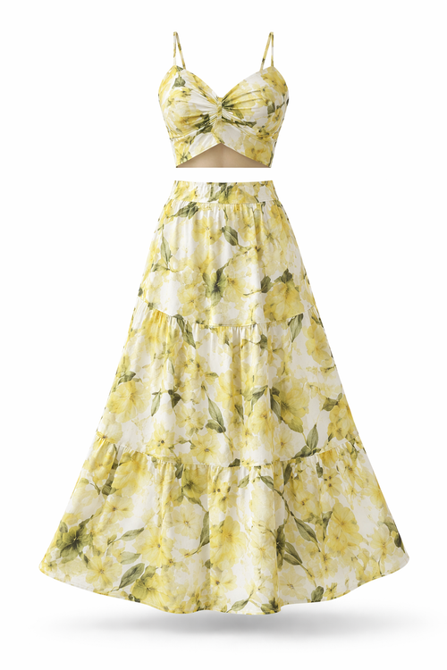 Conjunto Dayra – Top Cropped e Saia Longa Floral