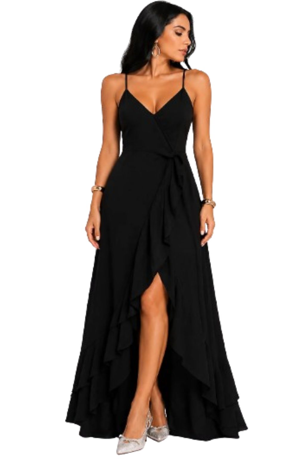 Vestido Longo Preto com Alças Finas e Fenda Elegante