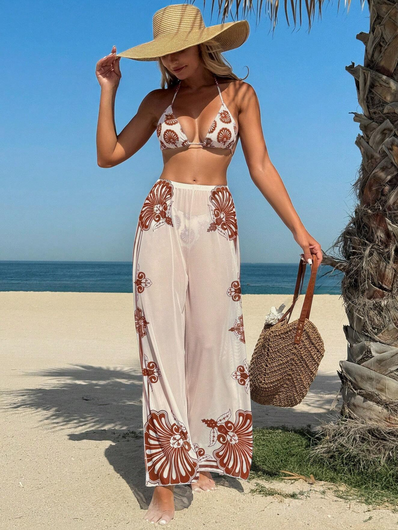 Conjunto 3 Peças Oceano – Elegância Tropical em Azul e Branco