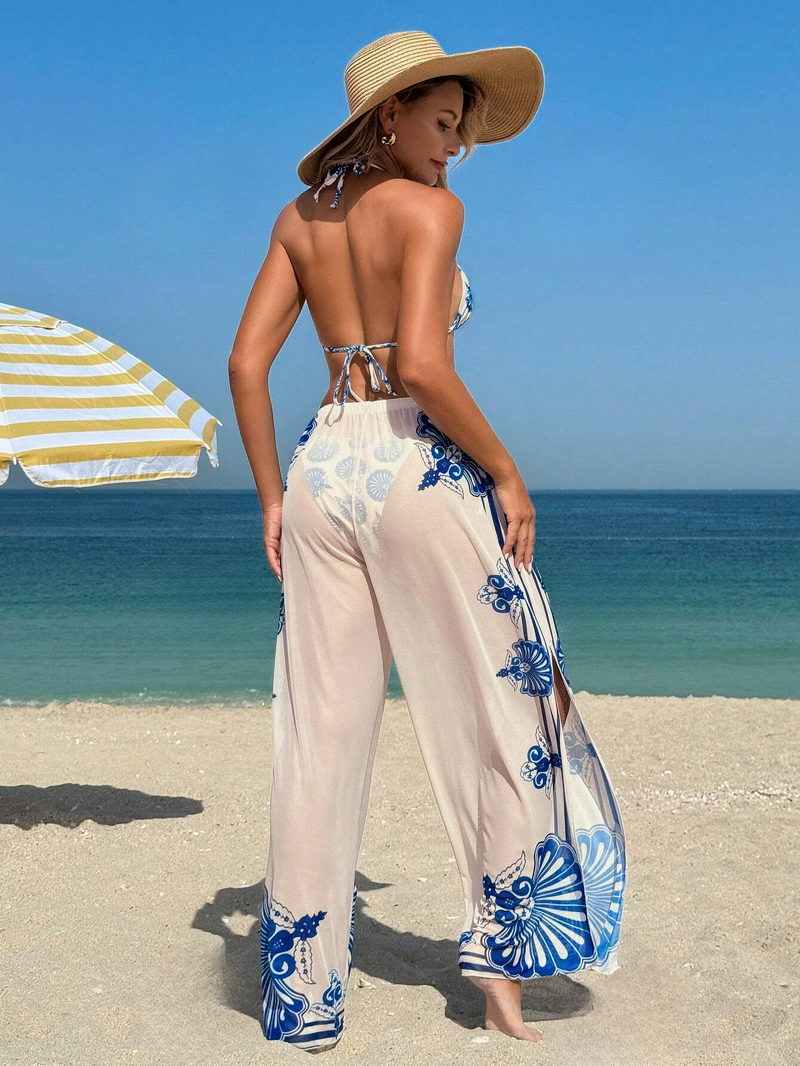 Conjunto 3 Peças Oceano – Elegância Tropical em Azul e Branco