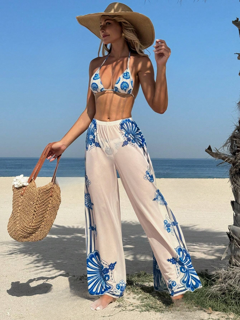 Conjunto 3 Peças Oceano – Elegância Tropical em Azul e Branco