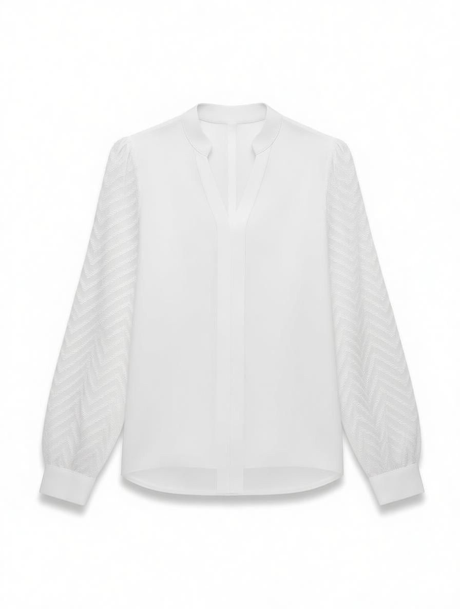 Blusa Feminina Olívia – Manga Longa com Textura Chevron e Gola Minimalista