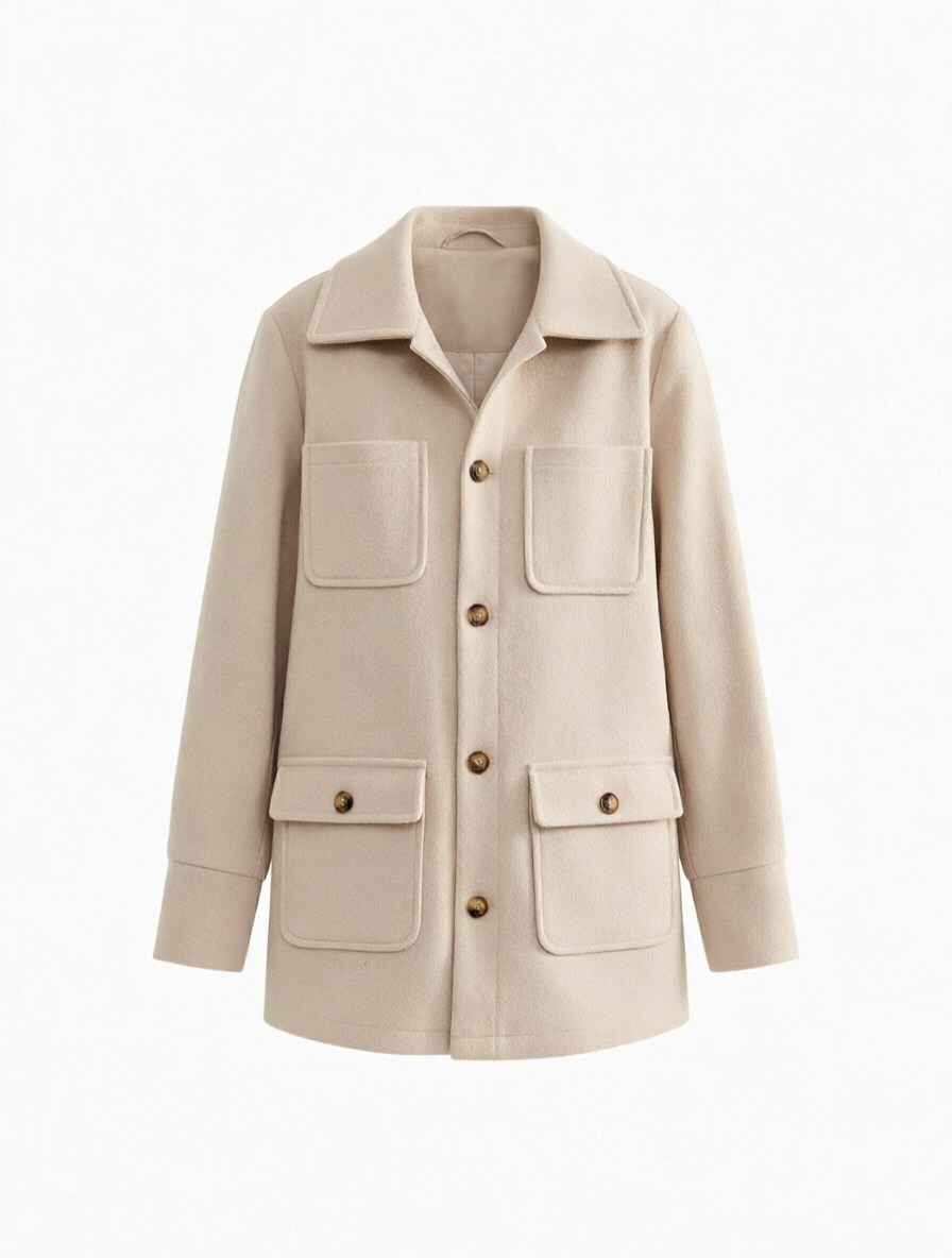 Casaco Manuela – Sofisticação Minimalista com Detalhes Funcionais