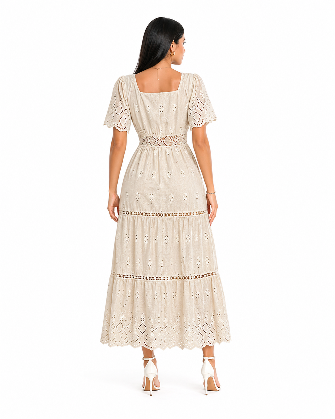Vestido Longo Isabelle Bege em Laise Premium