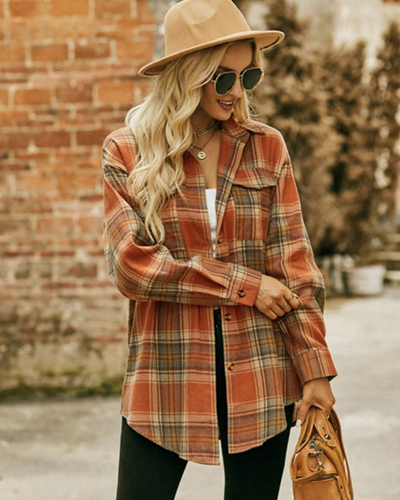 Blusa Nora Vintage Xadrez Folgada de Manga Longa