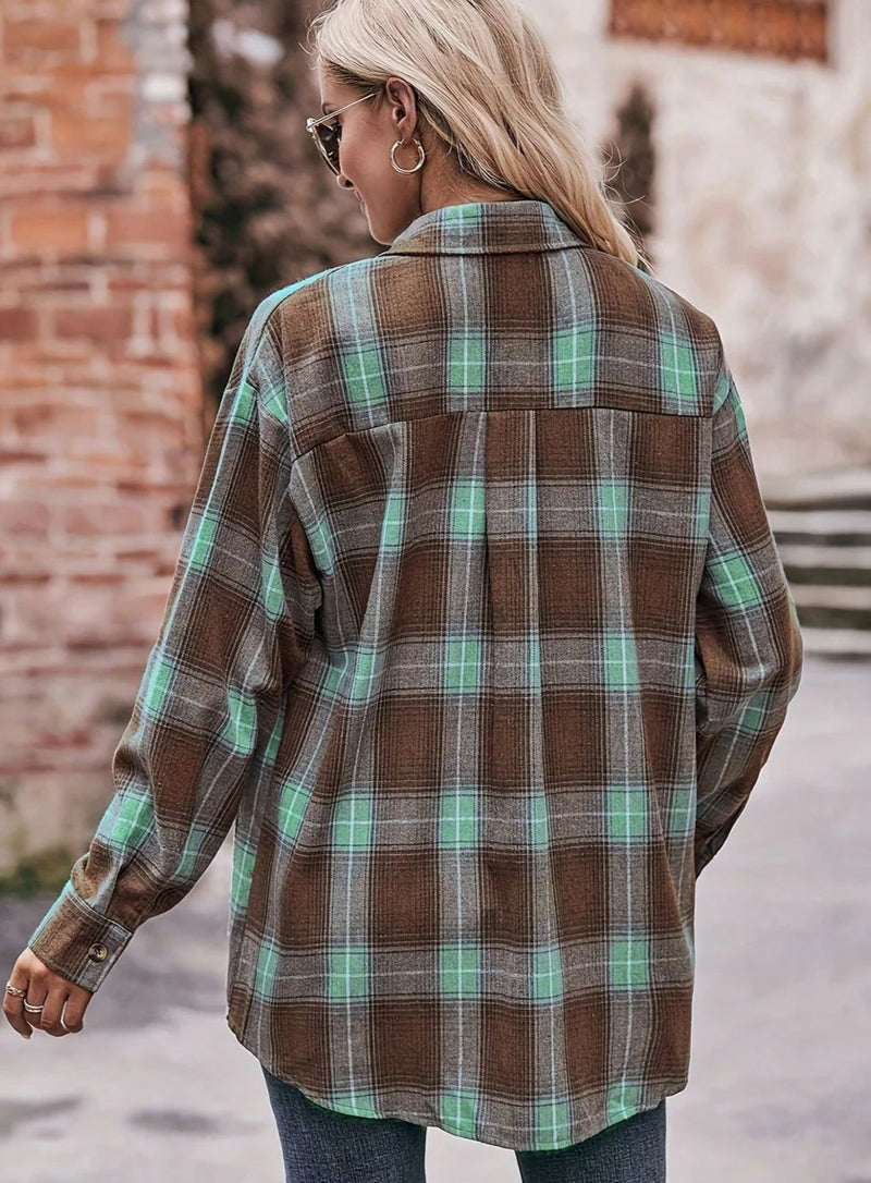 Blusa Nora Vintage Xadrez Folgada de Manga Longa