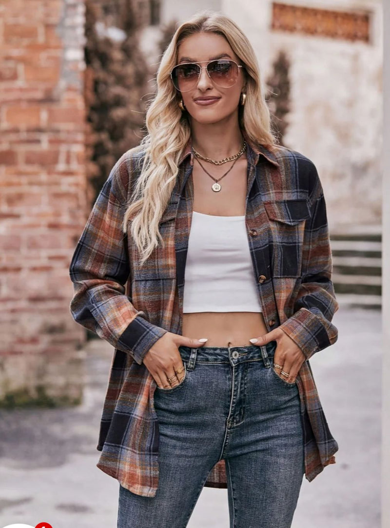 Blusa Nora Vintage Xadrez Folgada de Manga Longa