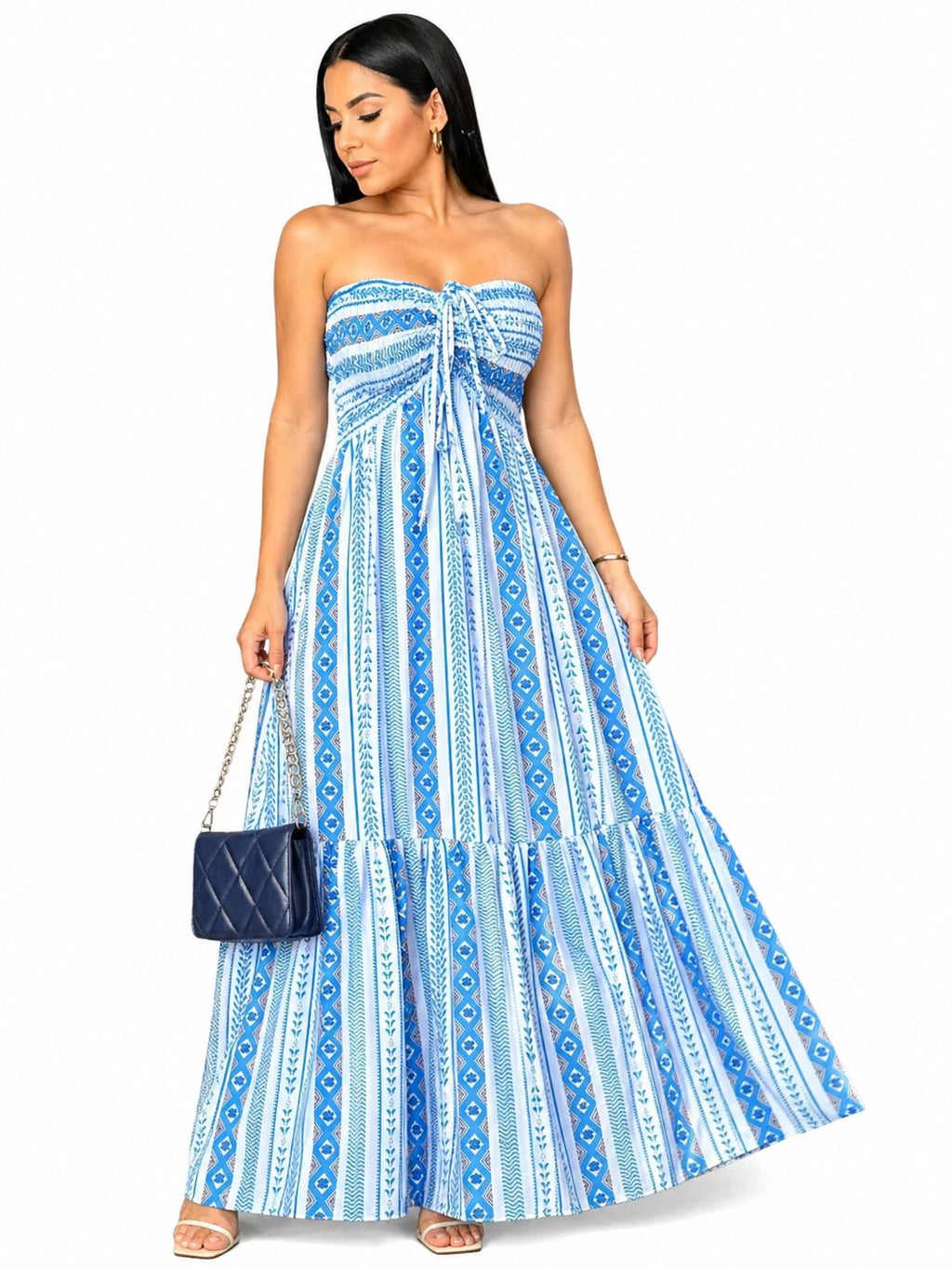 Vestido Longo Tomara que Caia Estampado com Recorte Moderno Azul e Branco