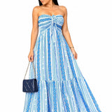Vestido Longo Tomara que Caia Estampado com Recorte Moderno Azul e Branco