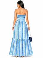 Vestido Longo Tomara que Caia Estampado com Recorte Moderno Azul e Branco