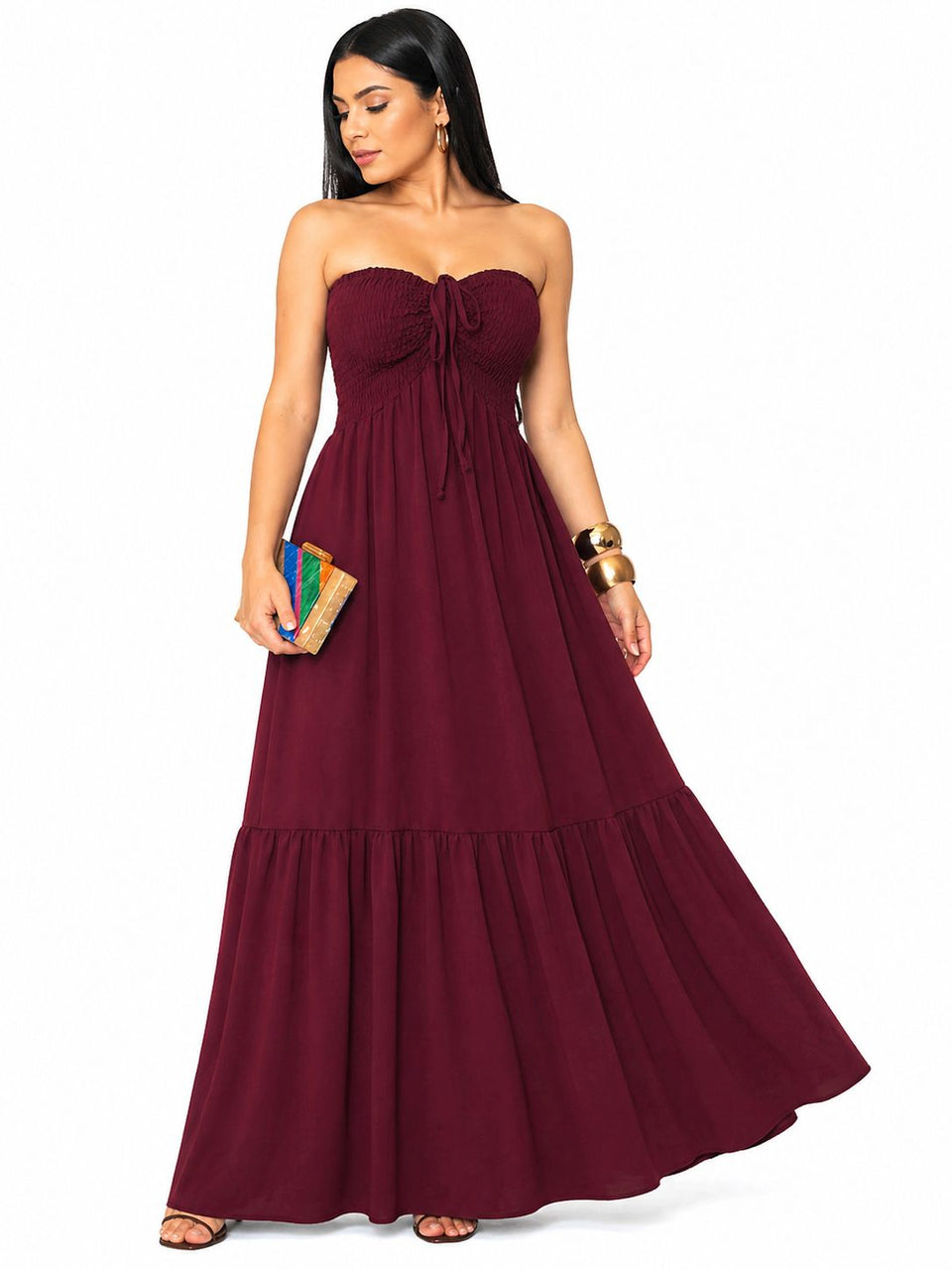 Vestido Longo Tomara que Caia com Recorte Moderno Vinho