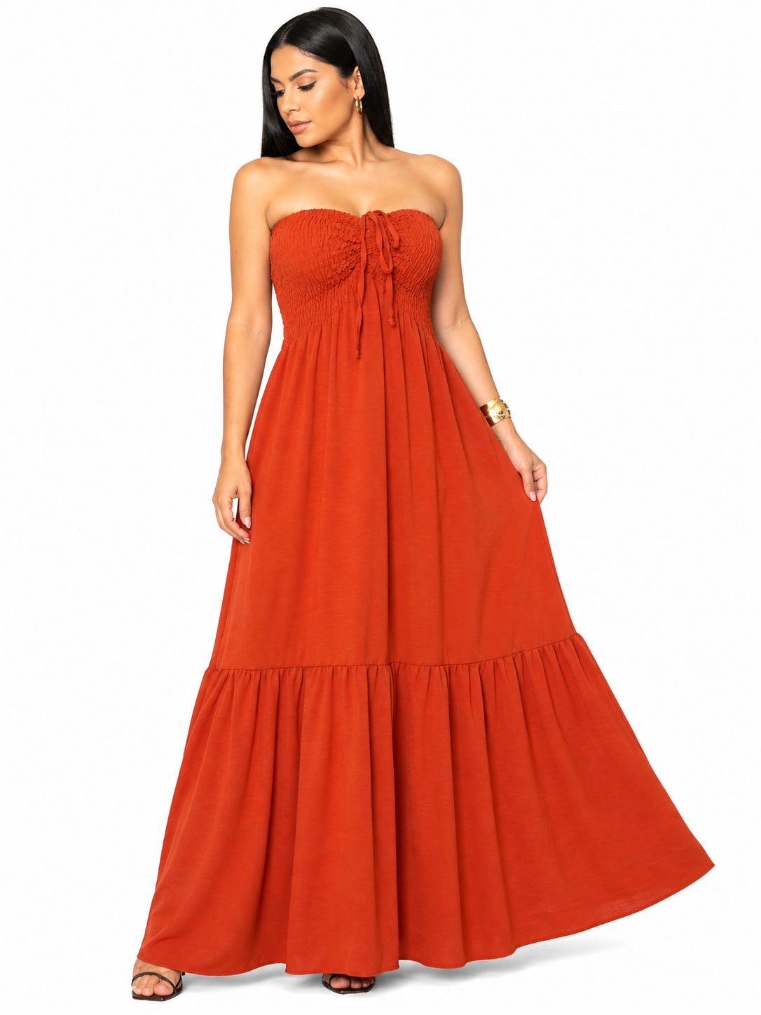 Vestido Longo Tomara que Caia com Recorte Moderno Laranja