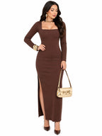 Vestido Longo Isabella  Elegância Sofisticada Marrom