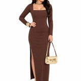 Vestido Longo Isabella  Elegância Sofisticada Marrom