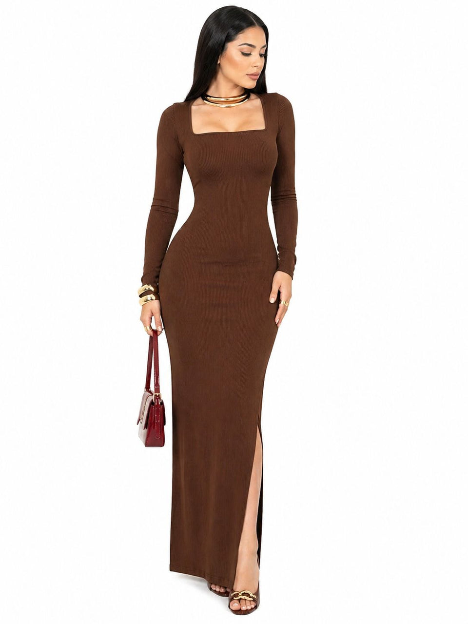 Vestido Longo Isabella  Elegância Sofisticada Marrom Claro