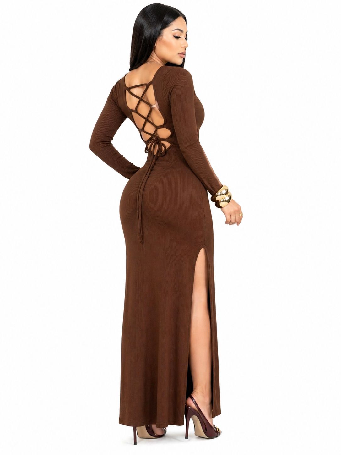 Vestido Longo Isabella  Elegância Sofisticada Marrom Claro