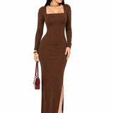Vestido Longo Isabella  Elegância Sofisticada Marrom Claro
