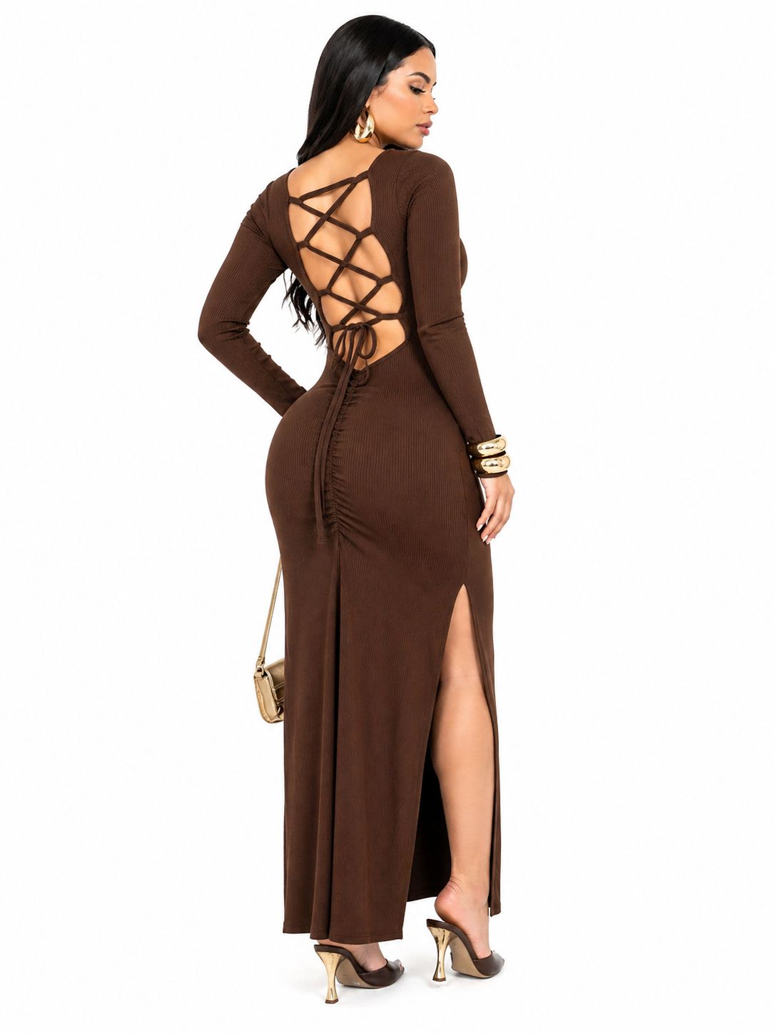 Vestido Longo Isabella  Elegância Sofisticada Marrom