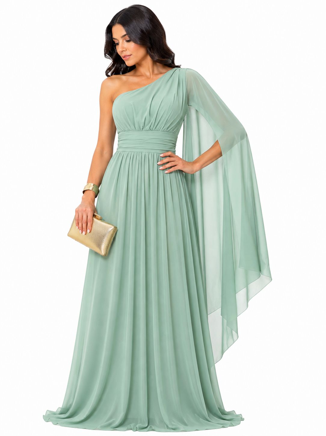 Vestido Gabi Elegância em Chiffon Ombro Único Verde