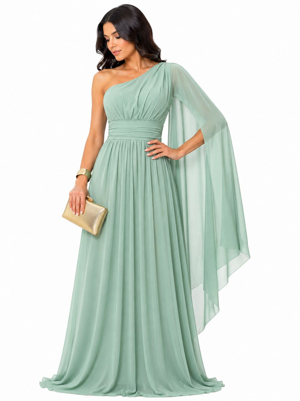 Vestido Gabi Elegância em Chiffon Ombro Único Verde