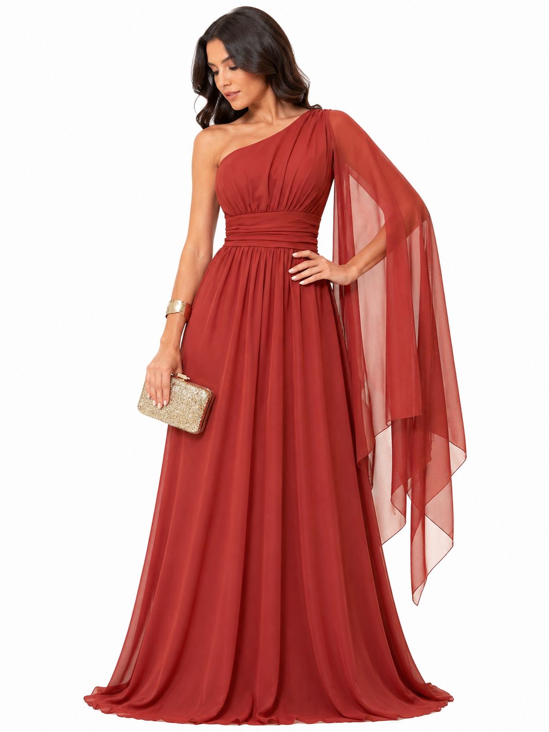Vestido Gabi Elegância em Chiffon Ombro Único Laranja