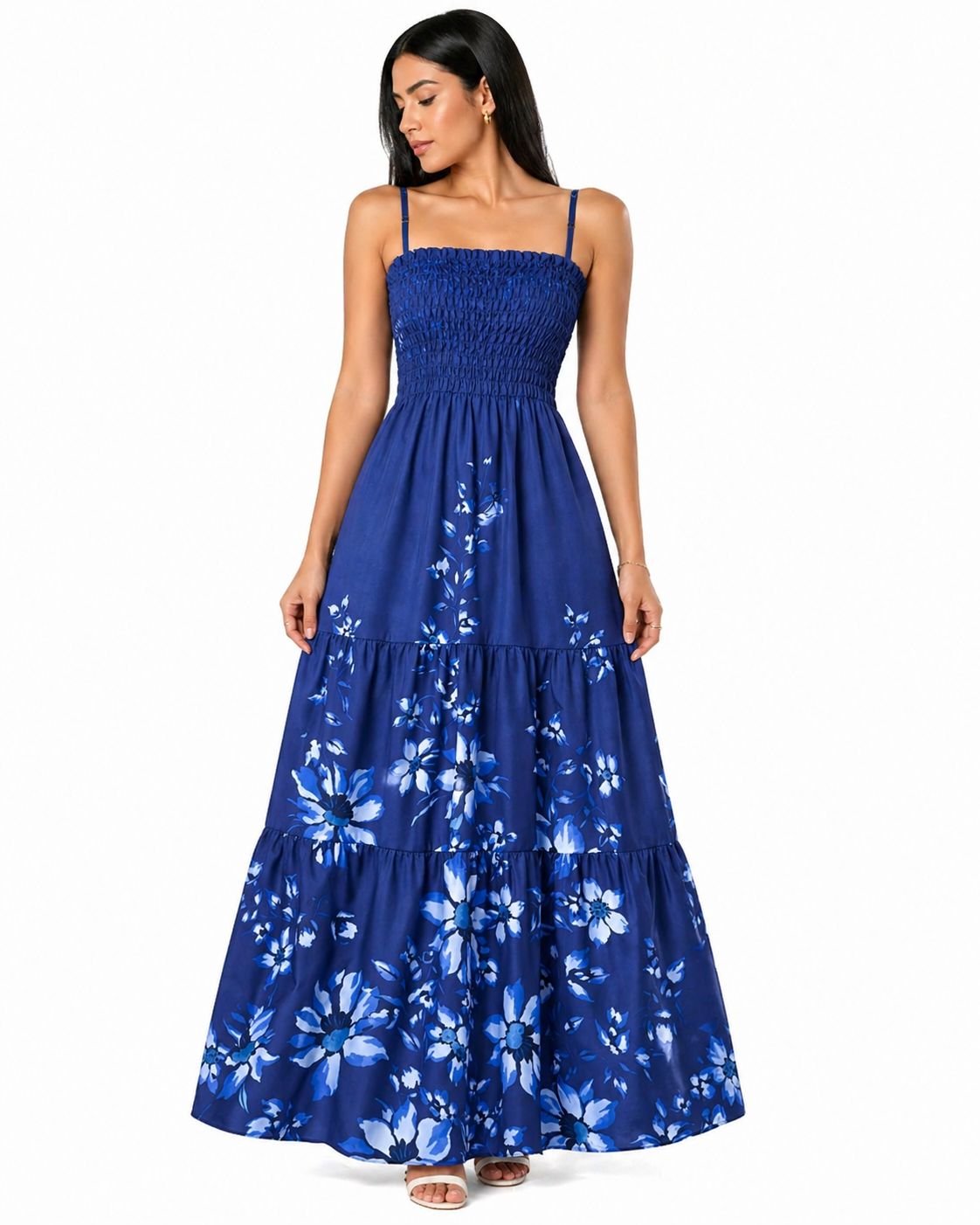 Vestido Longo Delicadeza Floral Aurora com Toque Romântico Azul Marinho