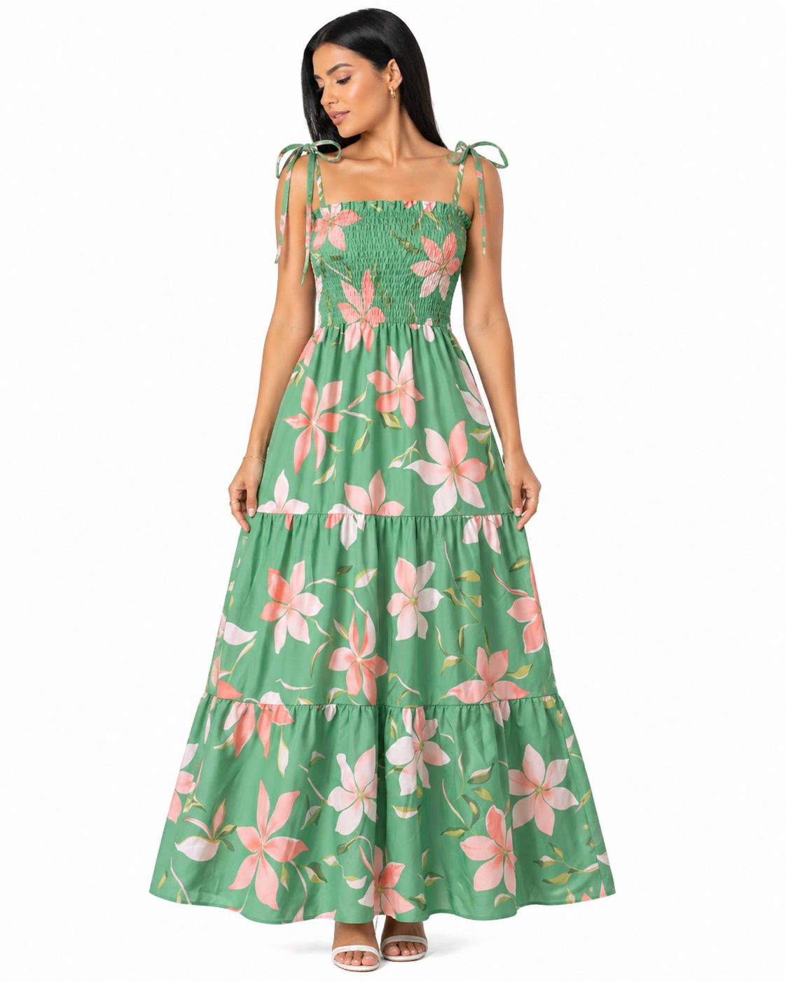 Vestido Longo Delicadeza Floral Aurora com Toque Romântico Verde Menta