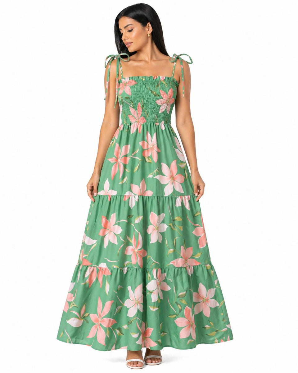 Vestido Longo Delicadeza Floral Aurora com Toque Romântico Verde Menta