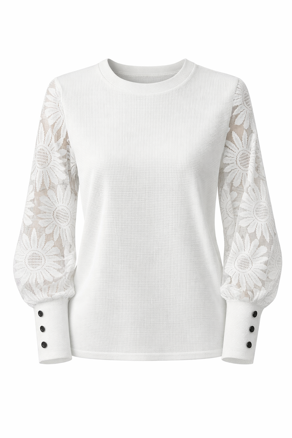 Blusa Feminina Eloá – Manga Longa em Renda Floral com Botões