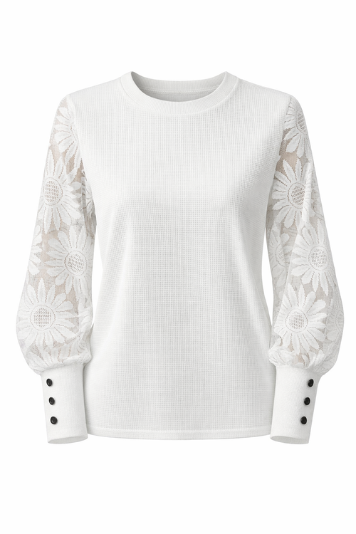Blusa Feminina Eloá – Manga Longa em Renda Floral com Botões