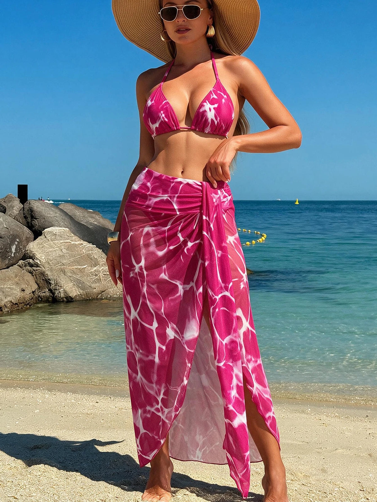 Swim Vcay Conjunto De Maiô Bikini Feminino Verão Praia Frente Única E Saia Com Estampa Aleatória