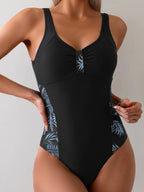 Swim Lushoire Maiô de Uma Peça Feminino para Praia de Verão com Estampa de Plantas, Detalhe de Babado, Costas Abertas e Decote Redondo